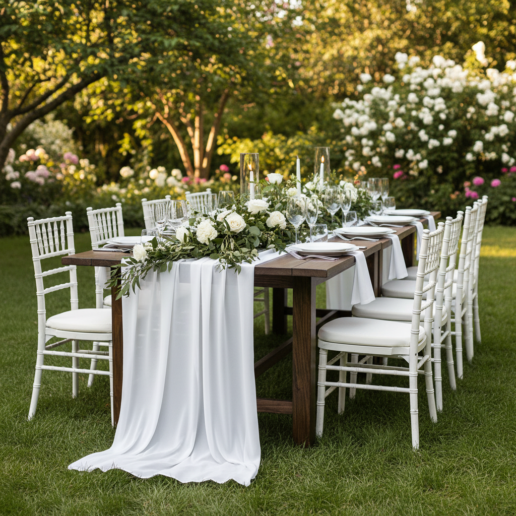 outdoor garden wedding table with Chiffon Wedding Table Runner 10FT x 27" - White