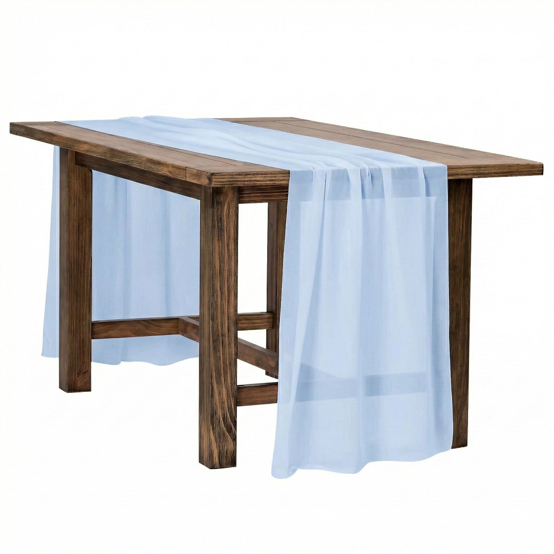 Chiffon Wedding Table Runner 10FT x 27" - Baby Blue on a brown event table