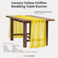 Chiffon Wedding Table Runner 10FT x 27" Canary Yellow infographic showing the dimensions, and care instructions