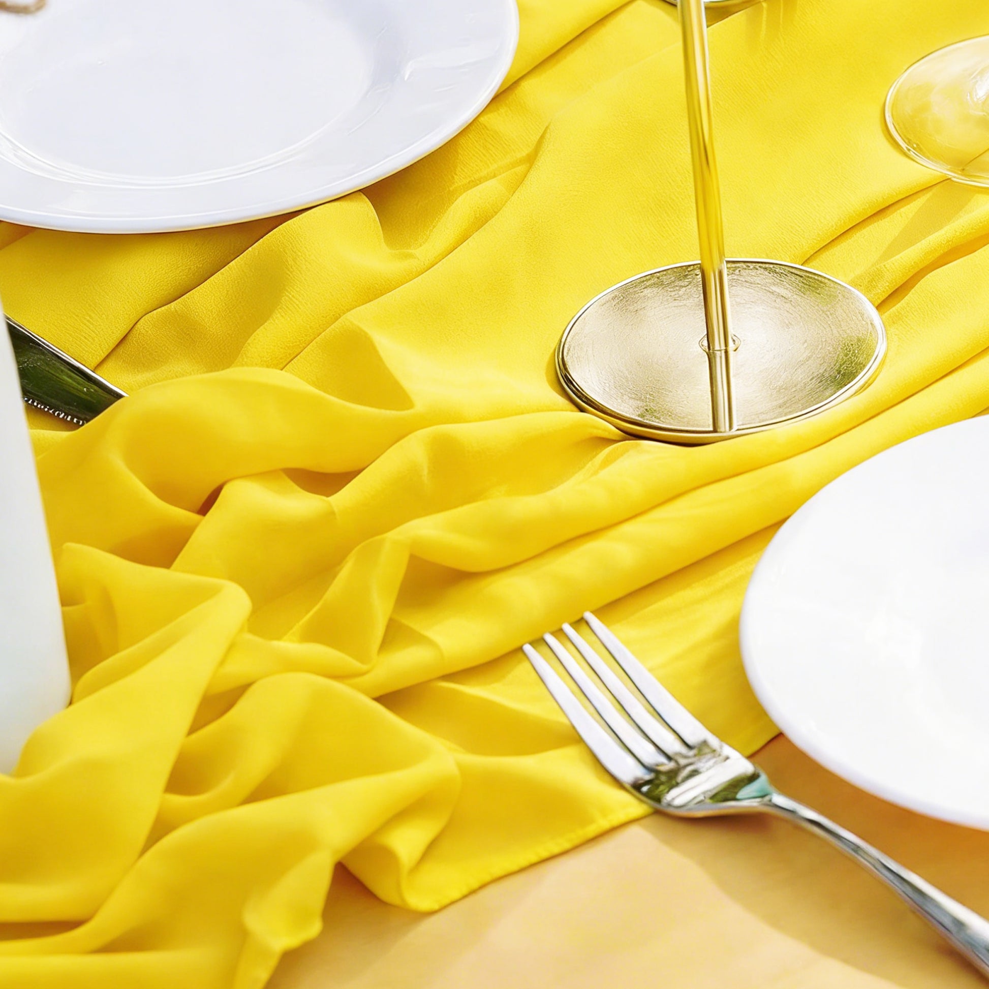 Chiffon Wedding Table Runner 10FT x 27" Canary Yellow paired with white dinner plates