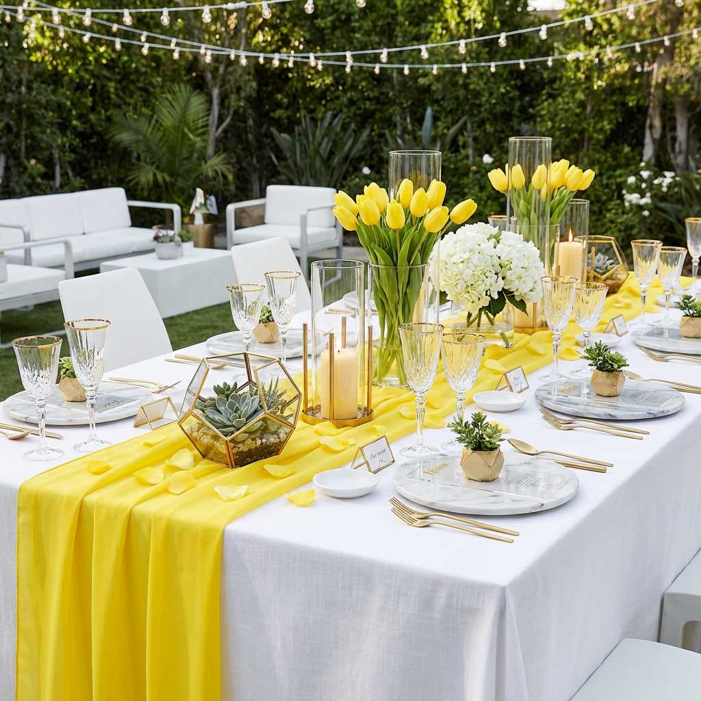 outdoor gathering table set up with the Chiffon Wedding Table Runner 10FT x 27" Canary Yellow, marble placemats, yellow tulip centerpieces, wine goblets, and gold silverware