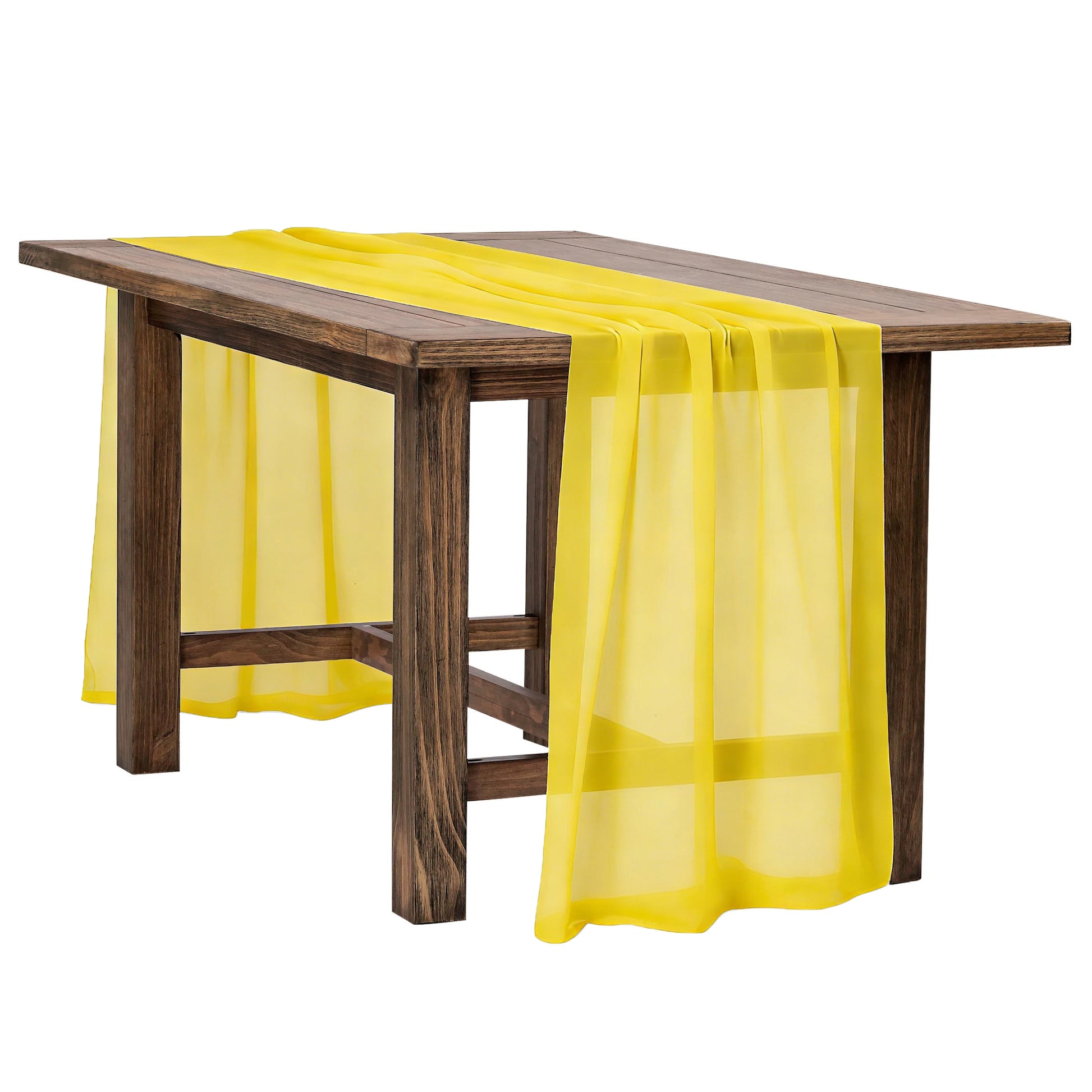 Chiffon Wedding Table Runner 10FT x 27" - Canary Yellow on a wooden brown table