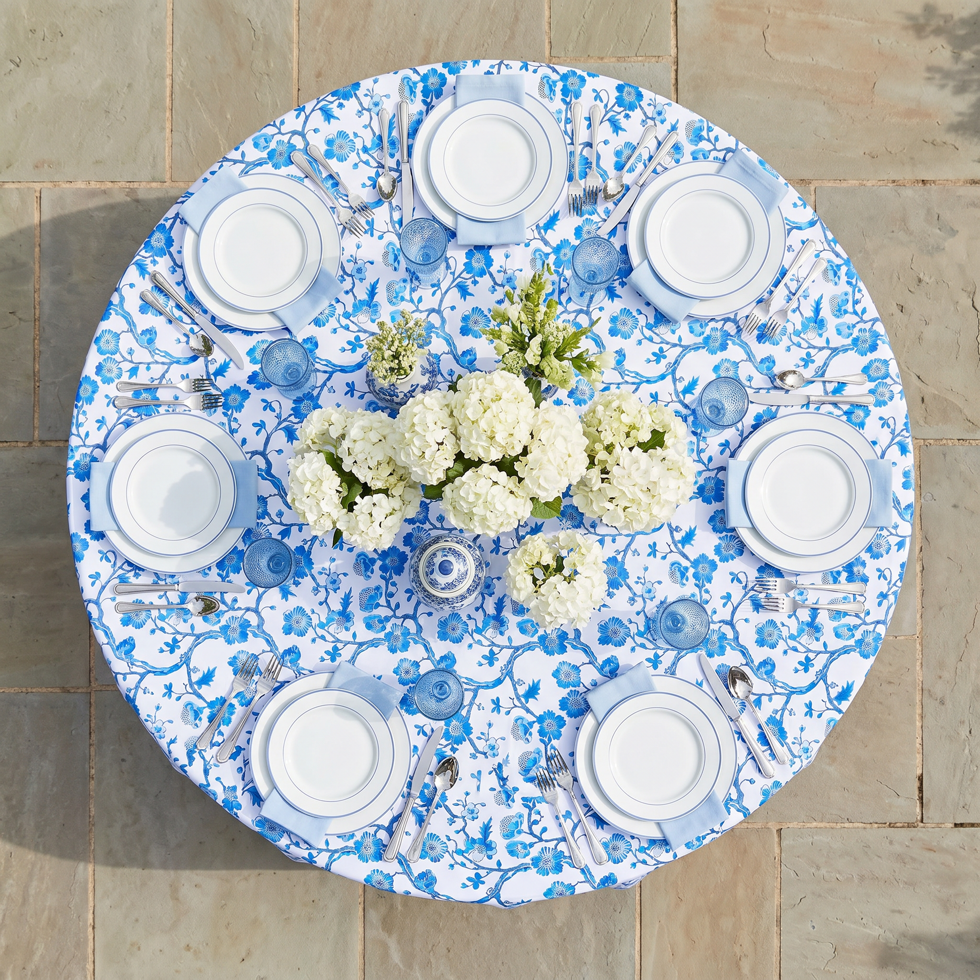 Chinoiserie Floral Scuba Round Tablecloth Blue Bird's eye view