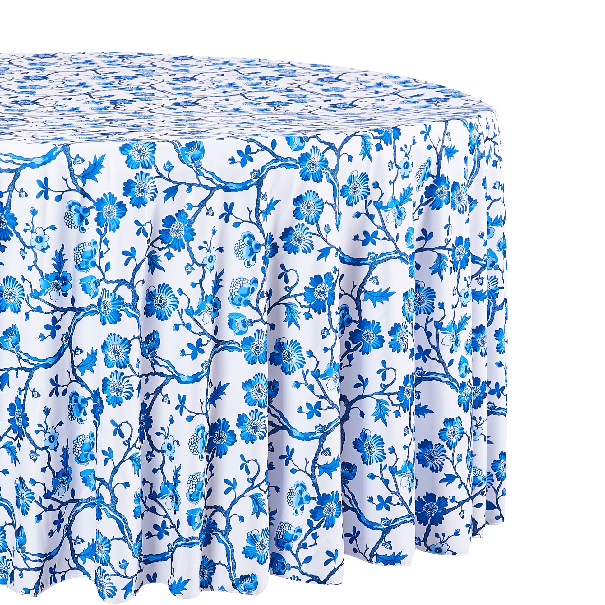 Chinoiserie Floral Scuba Round Tablecloth Blue close up