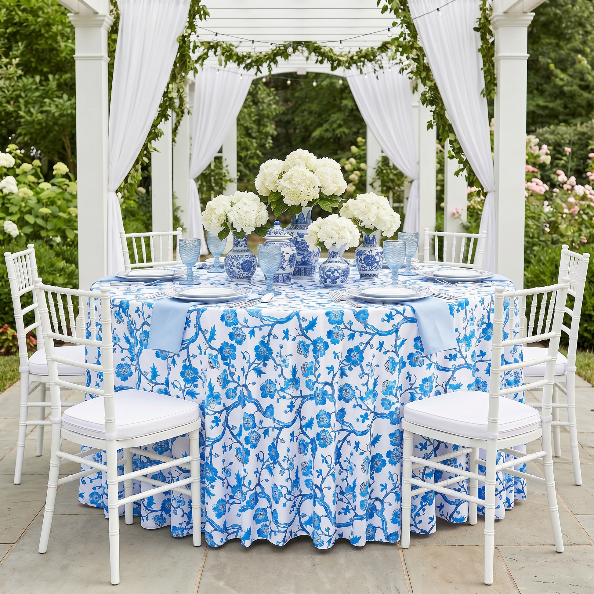 Chinoiserie Floral Scuba Round Tablecloth Blue - Garden view