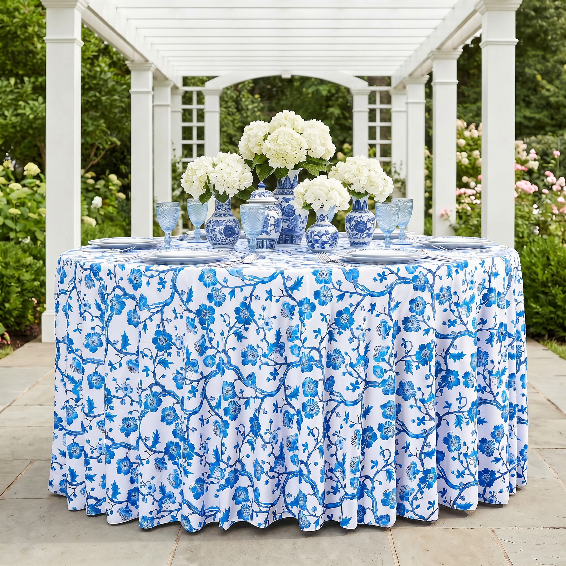 Chinoiserie Floral Scuba Round Tablecloth Blue Garden Setting