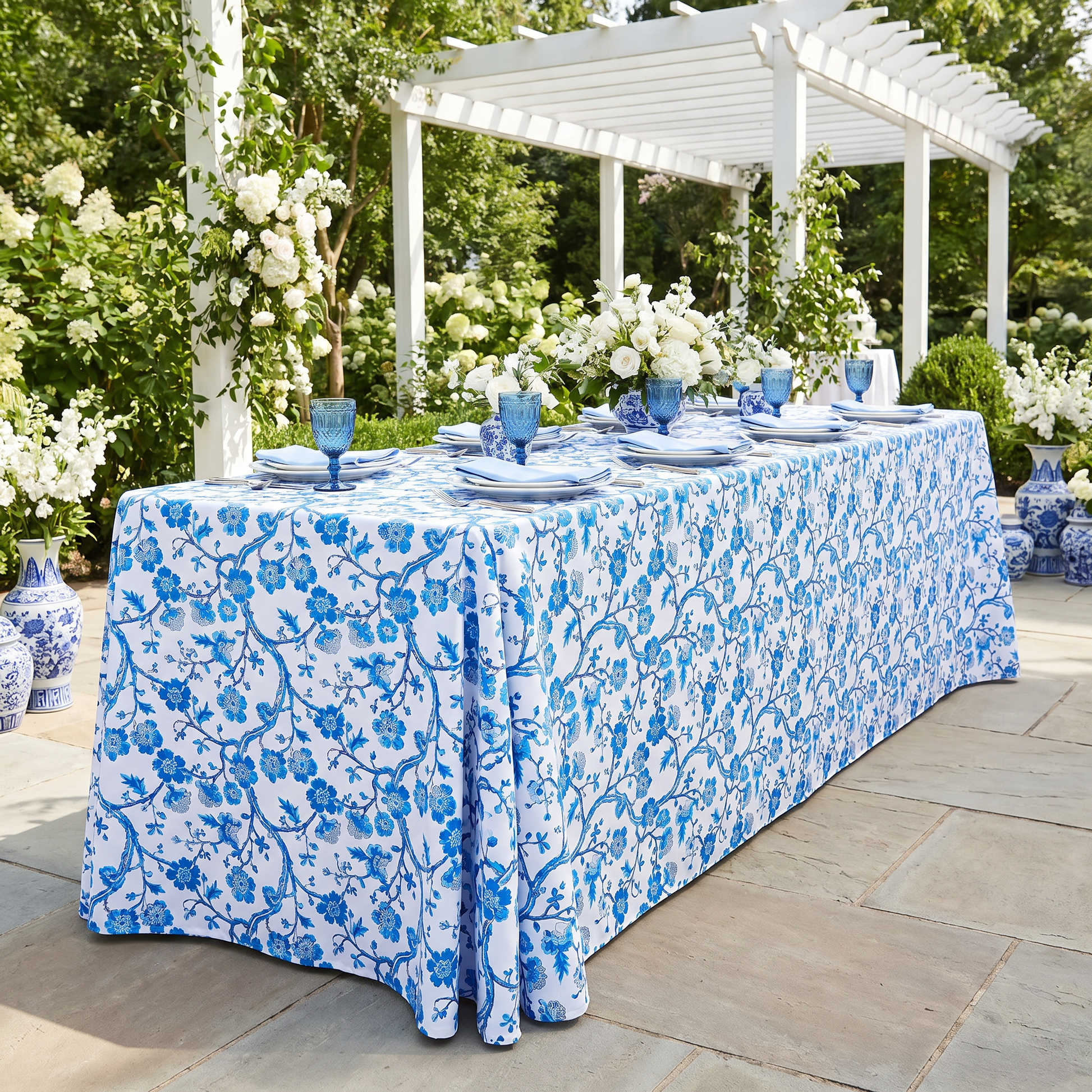 Chinoiserie Floral Scuba Rectangular Tablecloth Blue Garden Setting front view