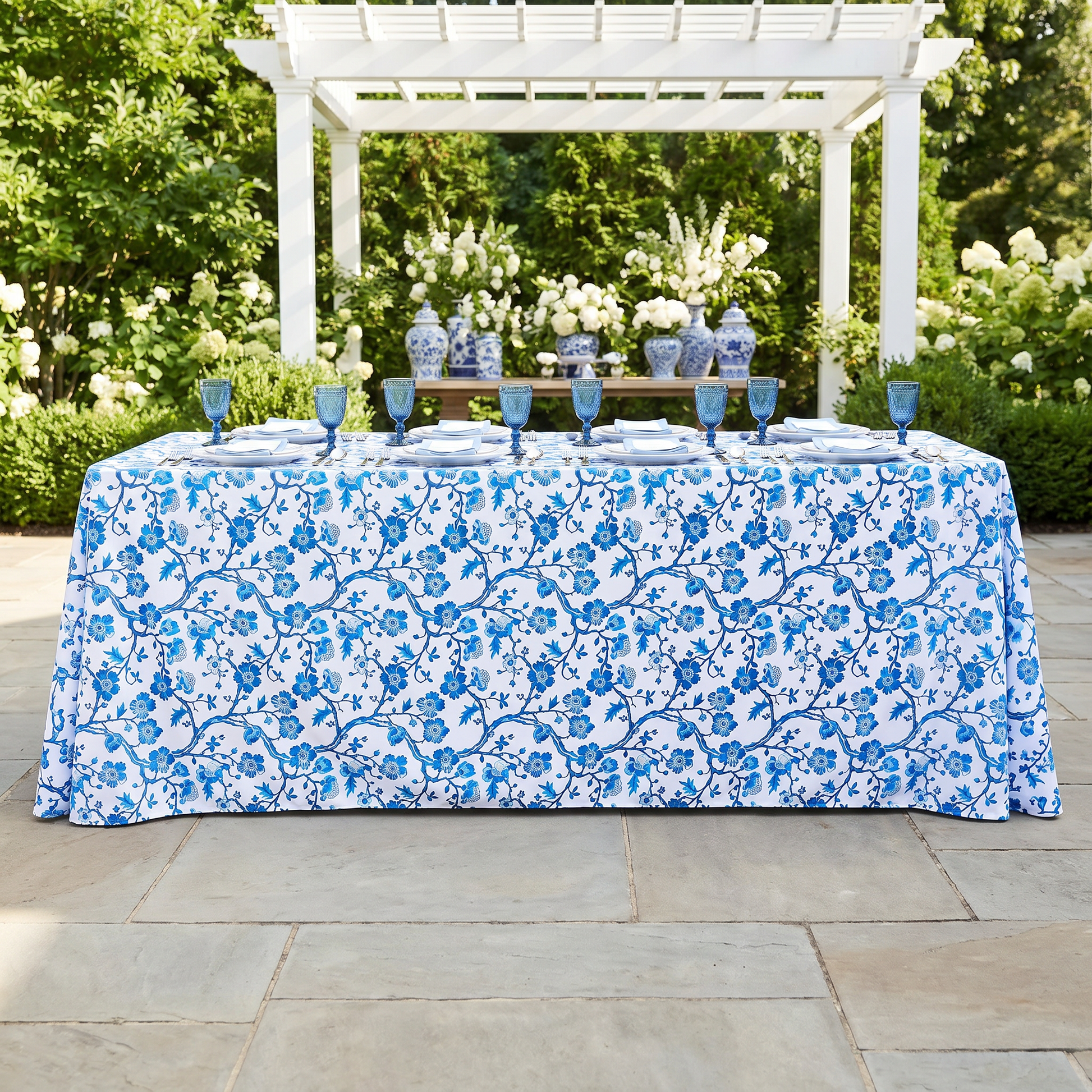 Chinoiserie Floral Scuba Rectangular Tablecloth Blue Garden Setting 