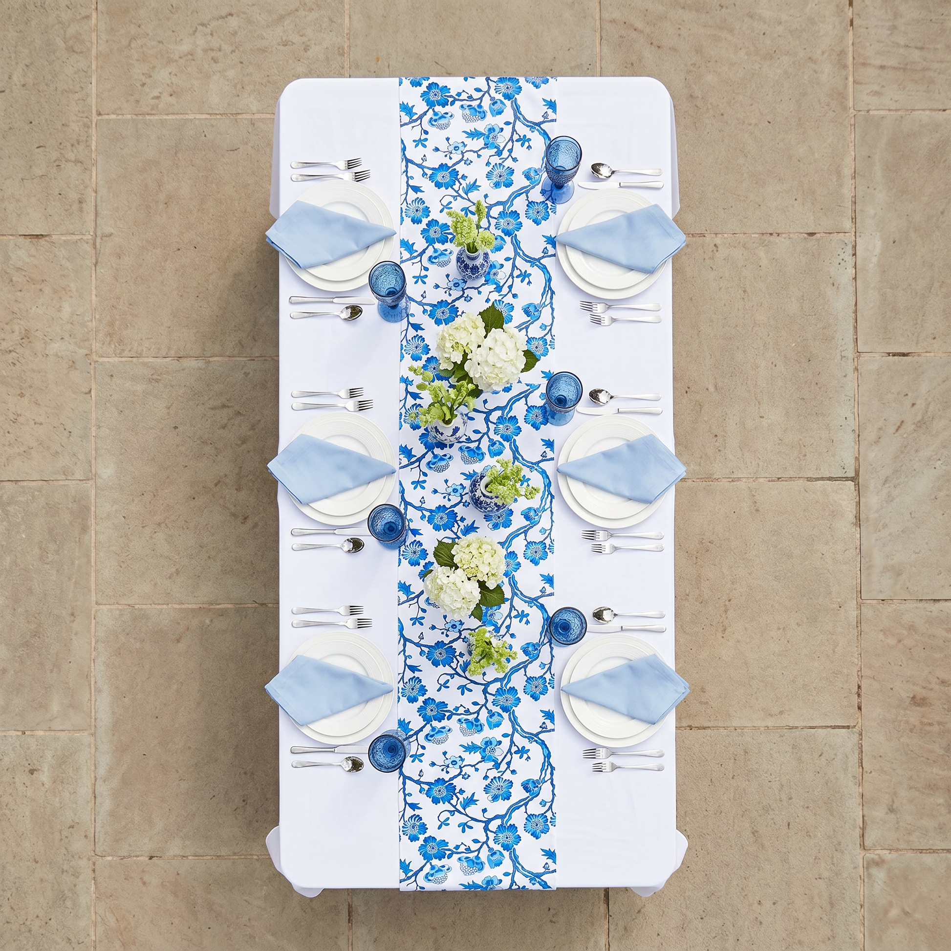 Chinoiserie Floral Scuba Table Runner - Blue -Bird's eye view