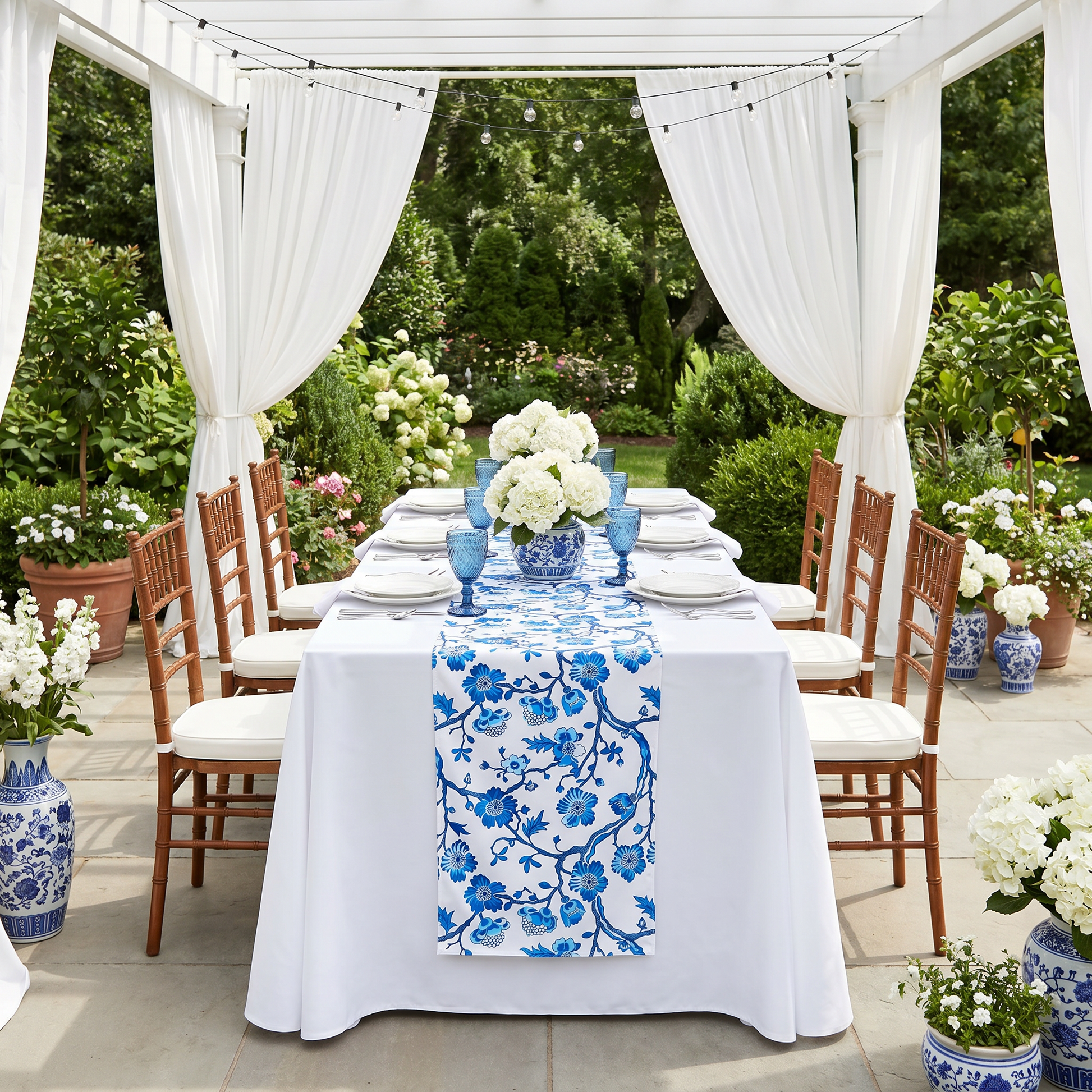 Chinoiserie Floral Scuba Table Runner - Blue Garden Setting