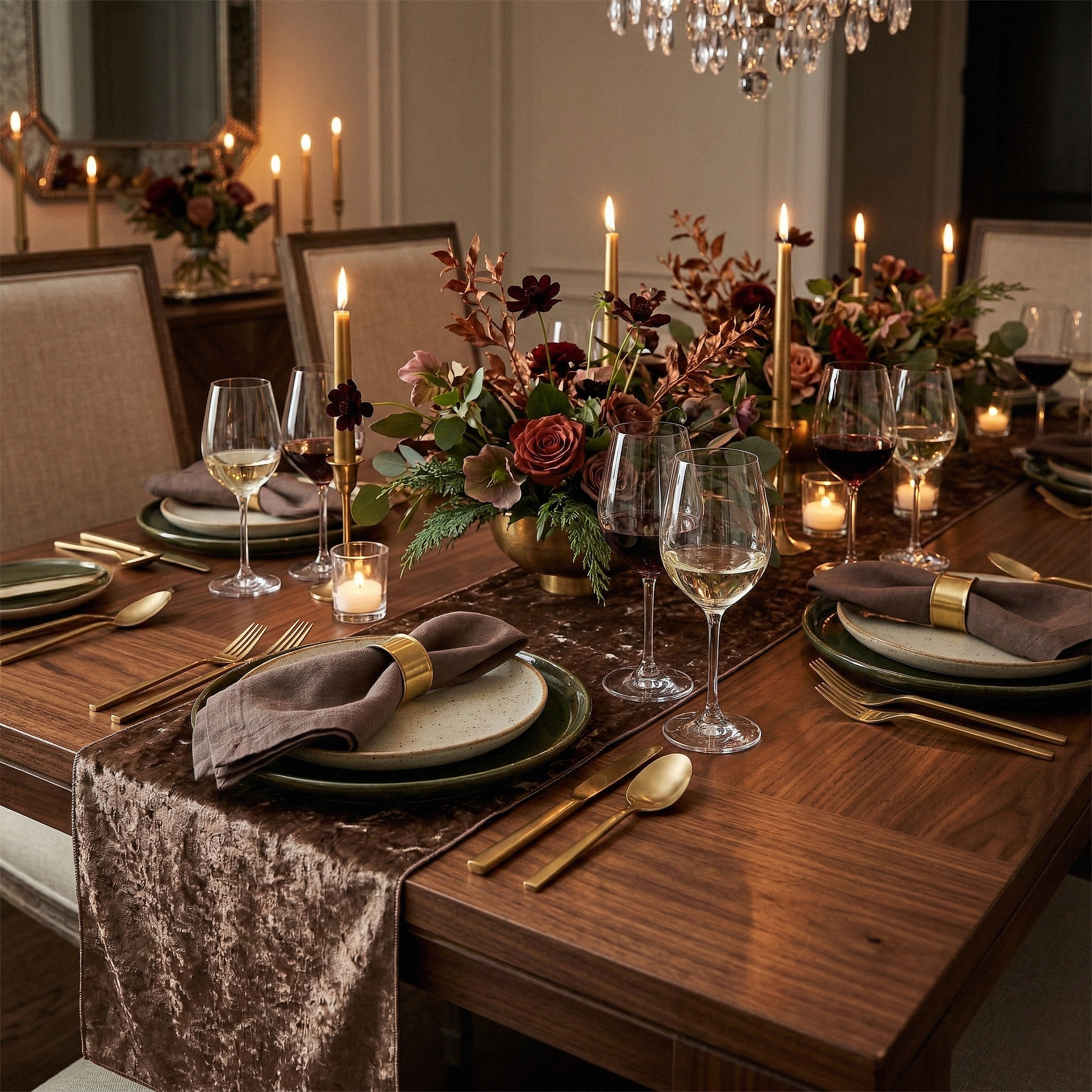 Velvet Table Runner Chocolate on top a natural wood table with brown napkins and gold napkin ring