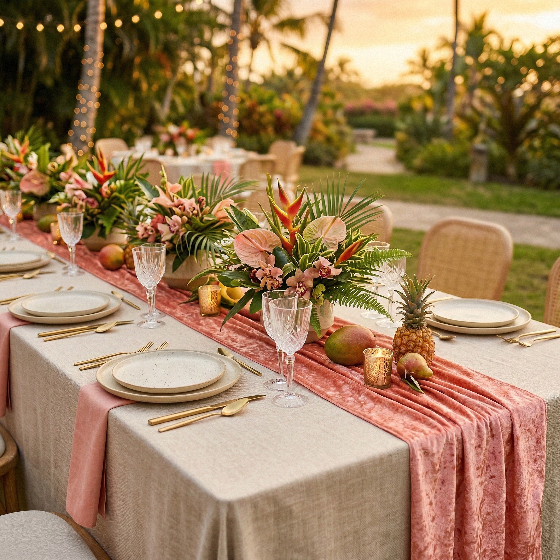 Velvet Table Runner Coral - Outdoor Tropical Setting