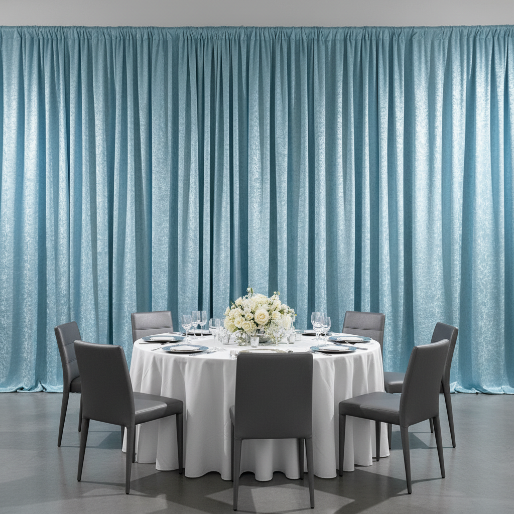 Crinkle Shimmer 10ft H x 52" W Drape/Backdrop Panel - Baby Blue for indoor dinner