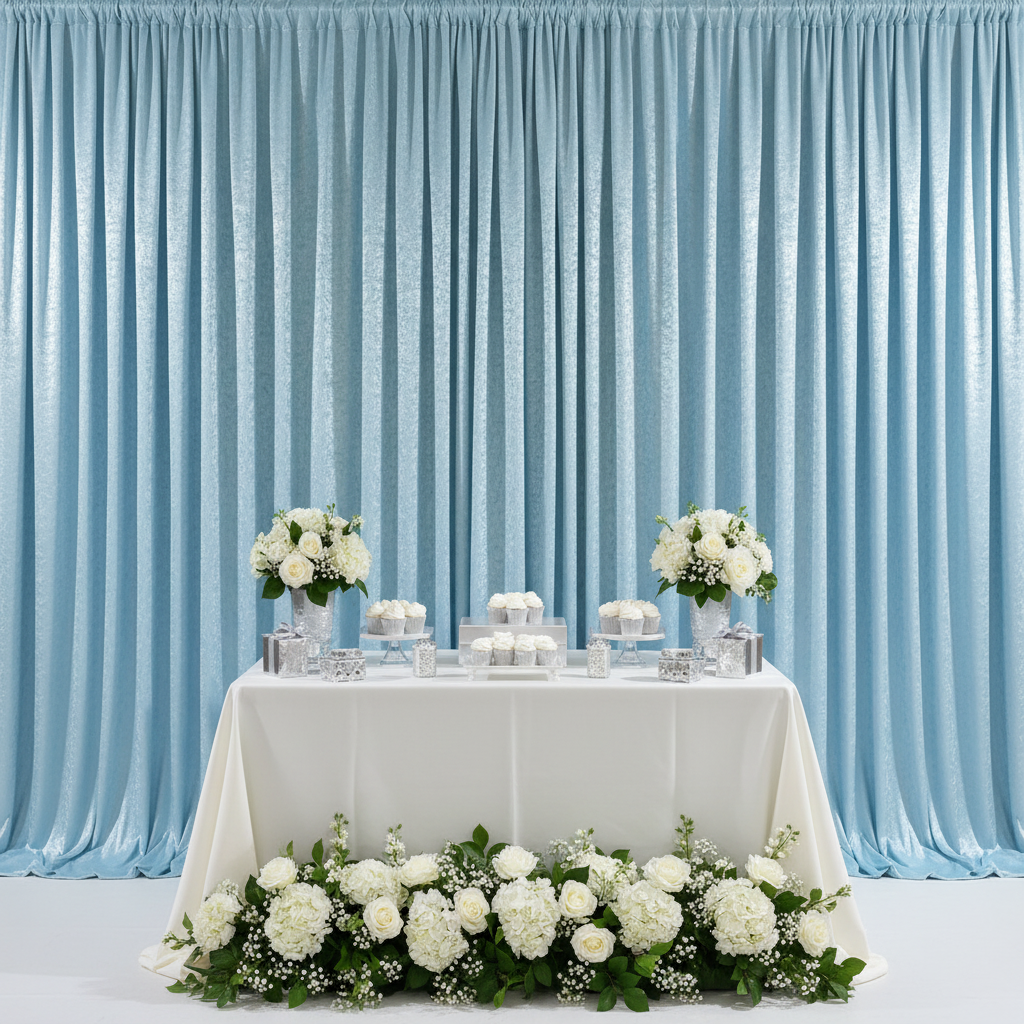 Crinkle Shimmer 10ft H x 52" W Drape/Backdrop Panel - Baby Blue for baby shower backdrop
