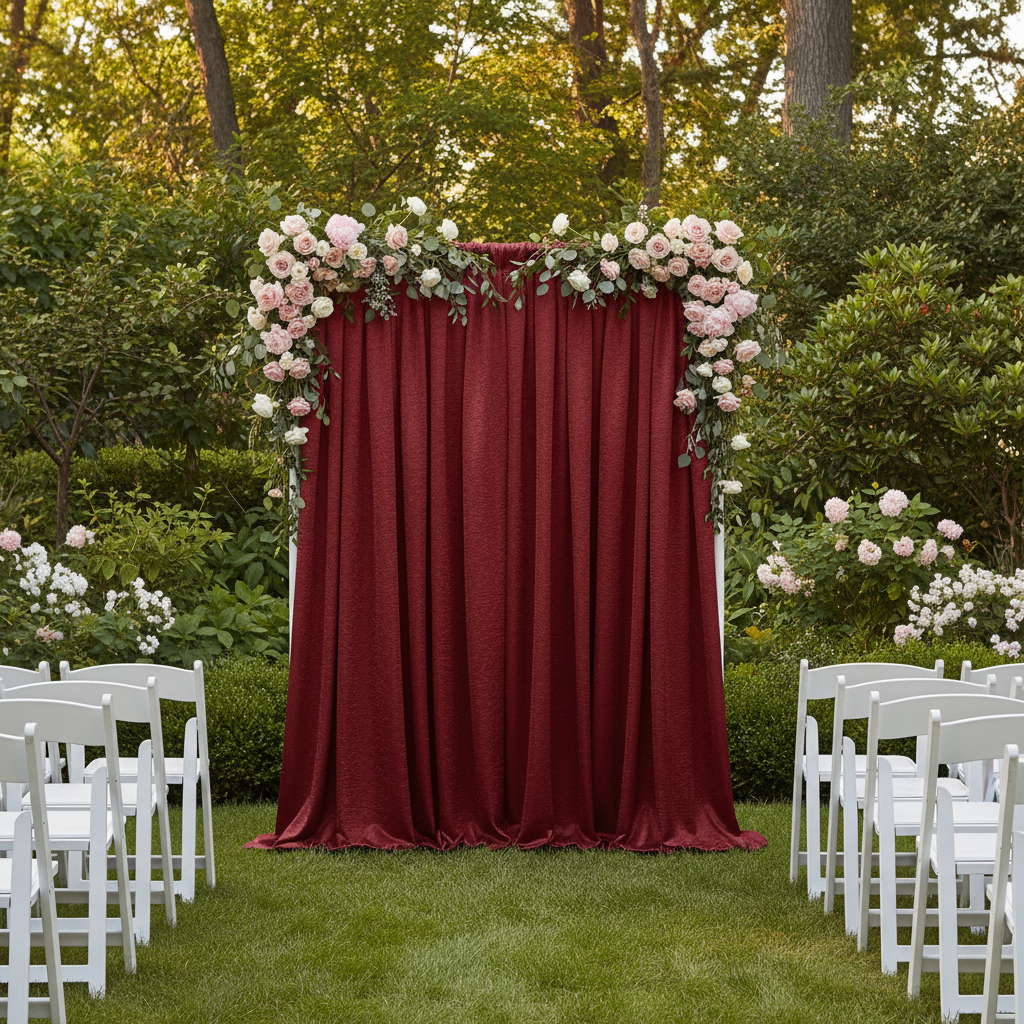 Crinkle Shimmer 10ft H x 52" W Drape/Backdrop Panel - Burgundy for wedding garden arch setup