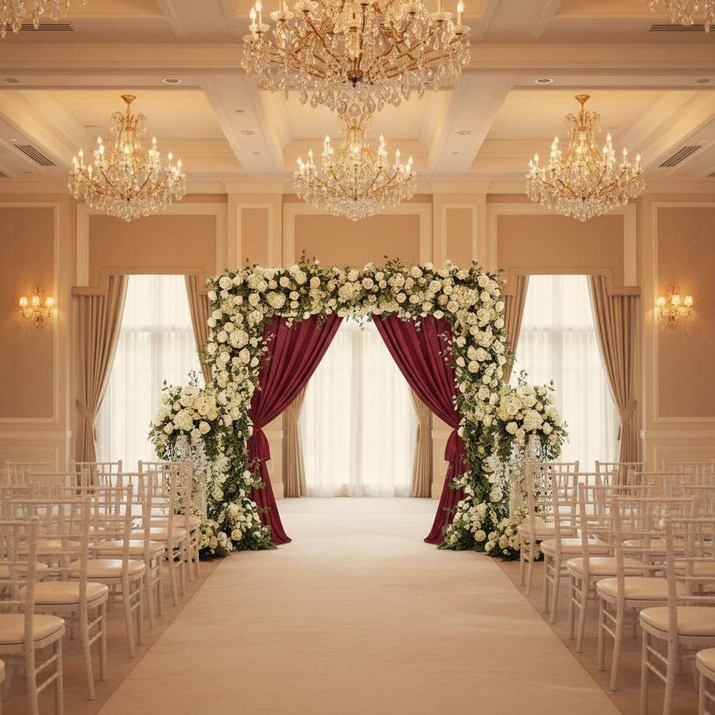 Crinkle Shimmer 10ft H x 52" W Drape/Backdrop Panel - Burgundy for wedding ballroom arch setup