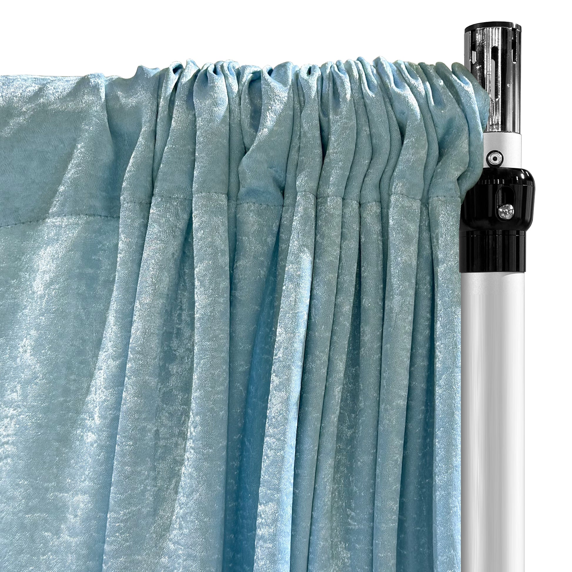 Crinkle Shimmer 10ft H x 52" W Drape/Backdrop Panel Baby Blue scrunched at the top