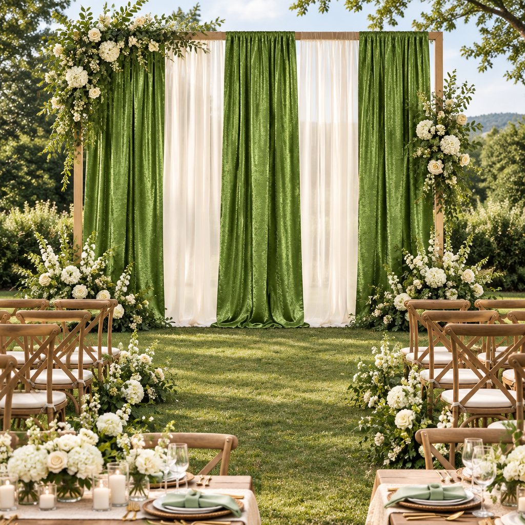 Crinkle Shimmer 10ft H x 52" W Drape/Backdrop Panel Willow Green garden wedding arch and layered drapes