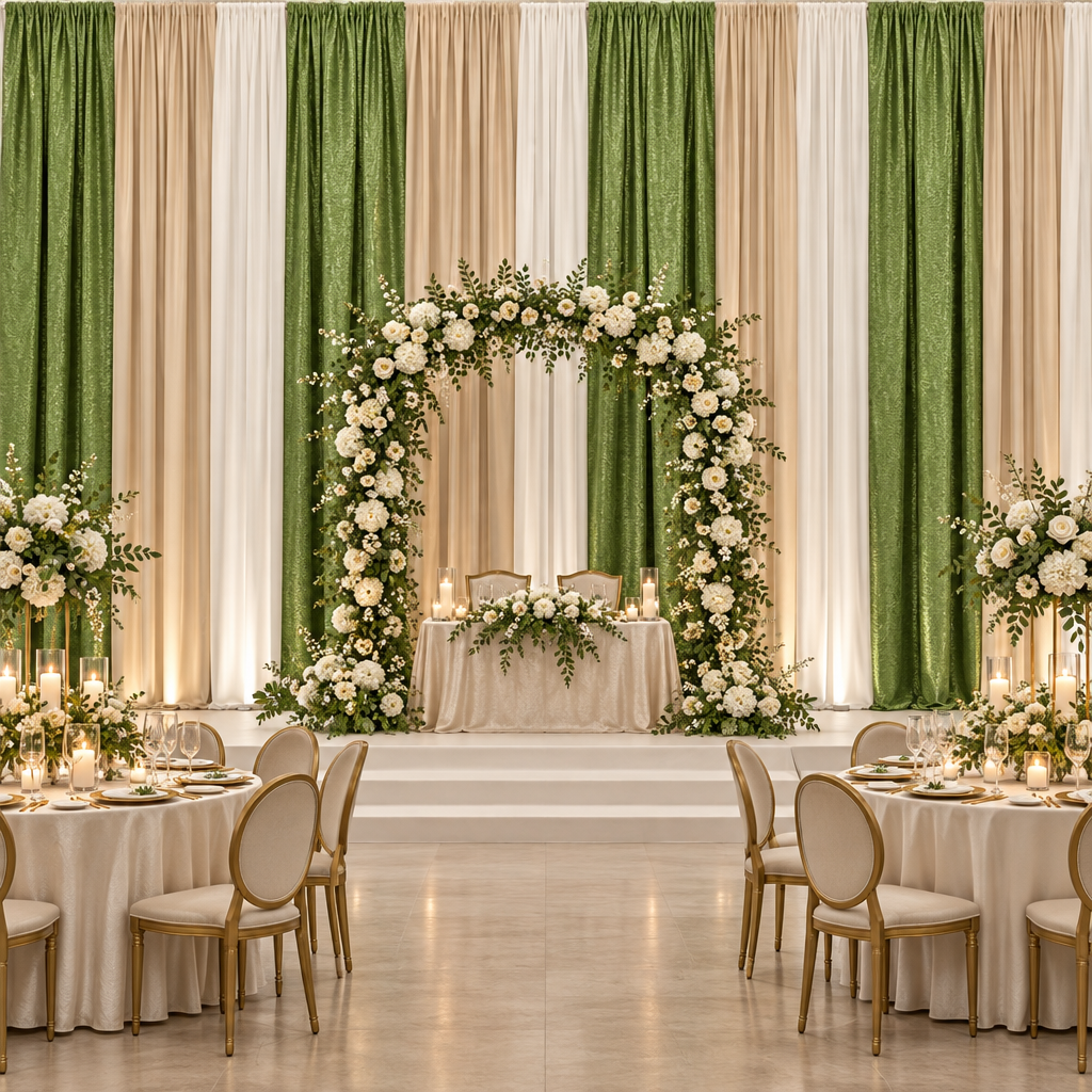 Crinkle Shimmer 10ft H x 52" W Drape/Backdrop Panel Willow Green ballroom wedding arch and layered drapes