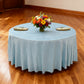 Crinkle Shimmer 120" Round Tablecloth Baby Blue table setup with floral centerpiece, gold charger plates and ivory napkins