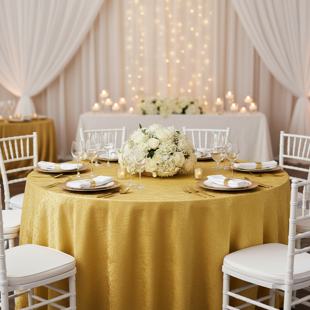 Crinkle Shimmer 120" Round Tablecloth - Gold