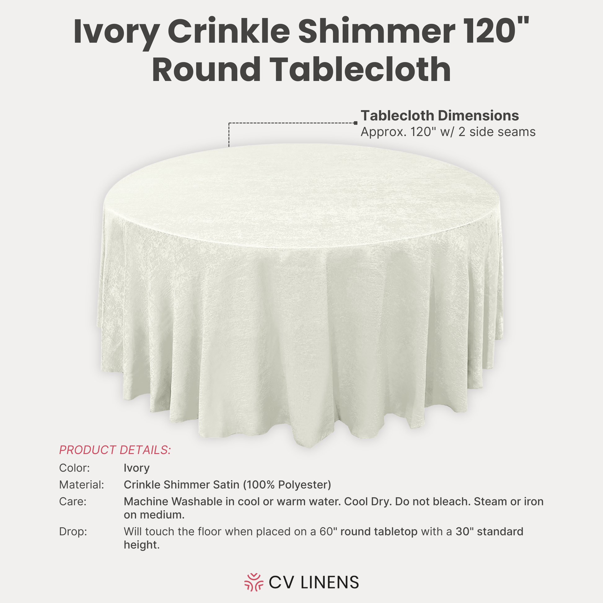 Crinkle Shimmer 120" Round Tablecloth Ivory infographic