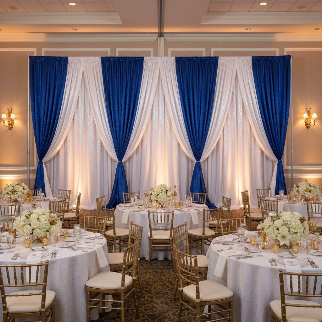 Crinkle Shimmer 12ft H x 52" W Drape/Backdrop Panel - Royal Blue for indoor wedding backdrop