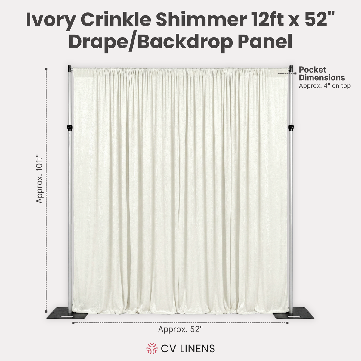 Crinkle Shimmer 12ft H x 52" W Drape/Backdrop Panel Ivory infographic showing product dimensions
