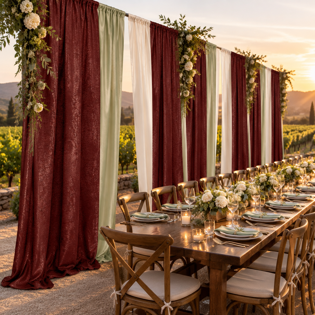 Crinkle Shimmer 12ft H x 52" W Drape/Backdrop Panel Burgundy vineyard wedding