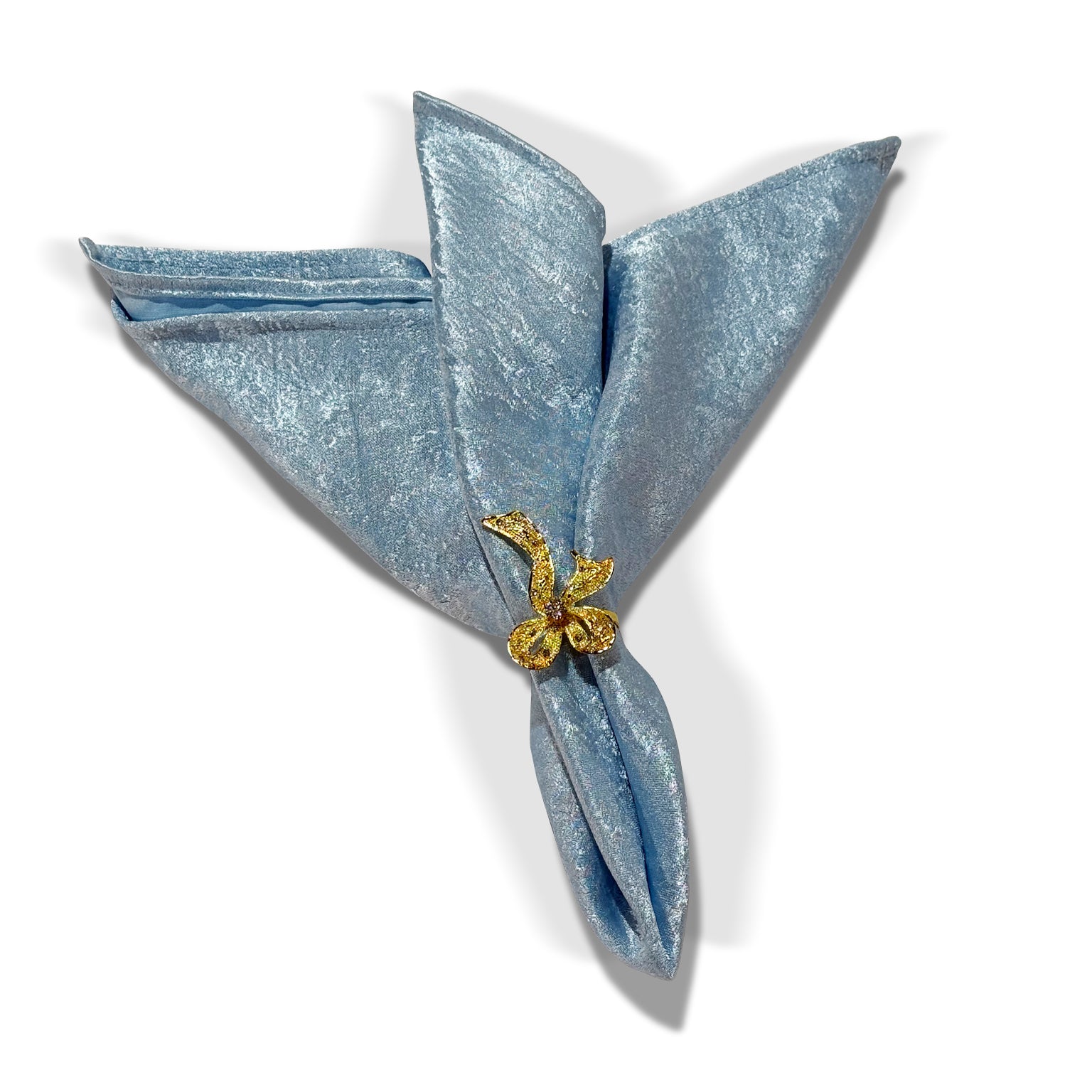 Crinkle Shimmer Napkin 20"x20" Baby Blue with gold bow napkin ring