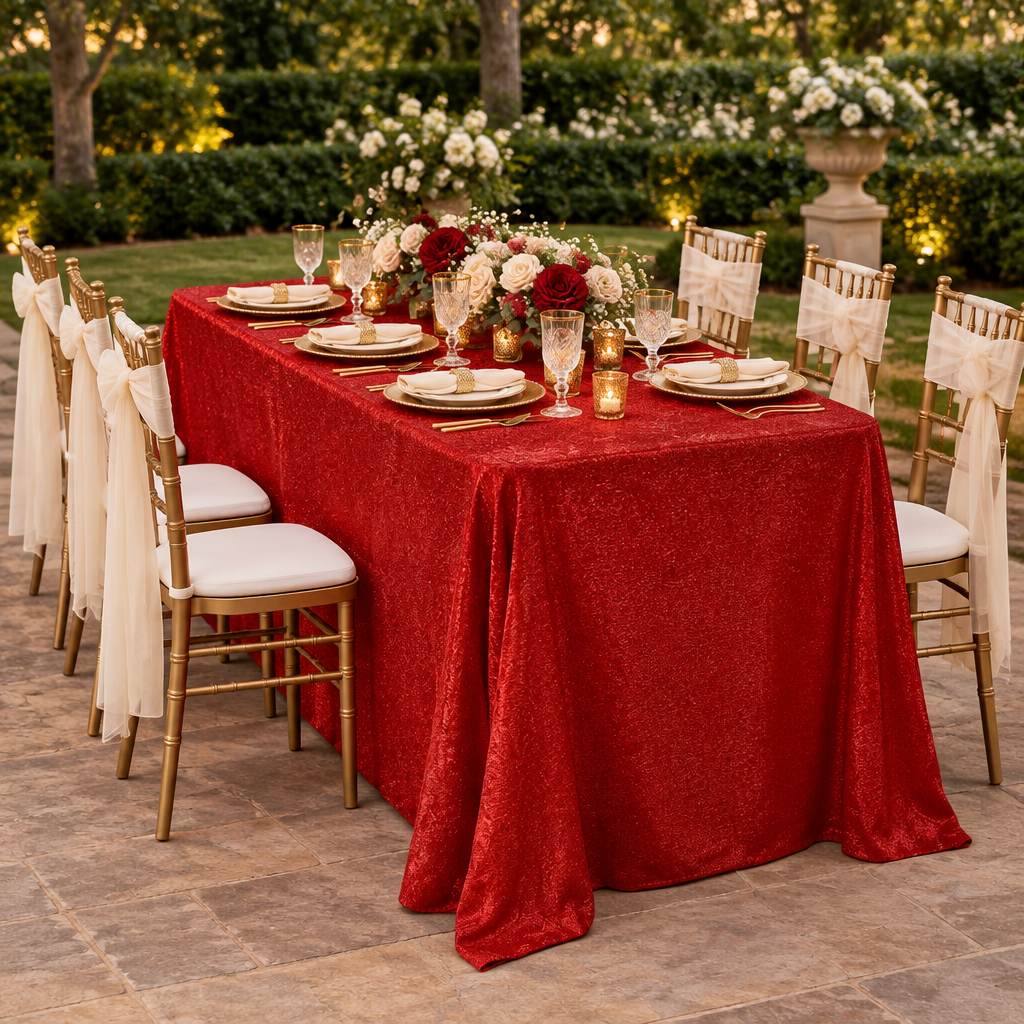 Crinkle Shimmer 90"x132" Rectangular Tablecloth Red at a garden quinceañera