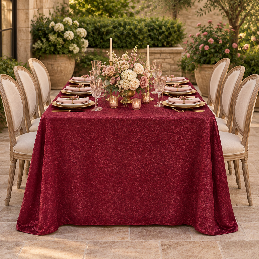 Crinkle Shimmer 90"x156" Rectangular Tablecloth Burgundy at a birthday dinner