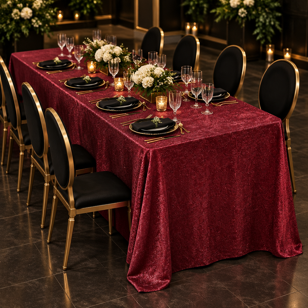 Crinkle Shimmer 90"x156" Rectangular Tablecloth Burgundy at a gala dinner