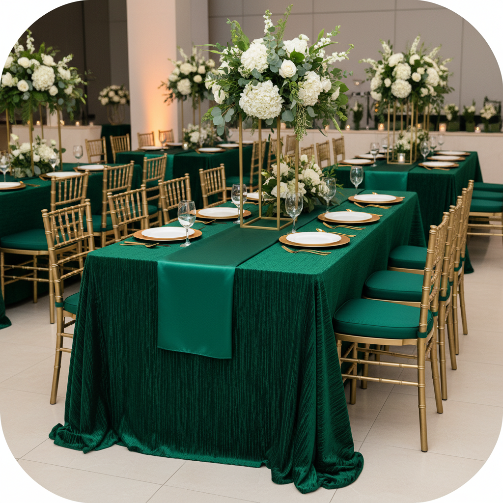 Crinkle Shimmer 90"x156" Rectangular Tablecloth - Emerald Green for an indoor table birthday setup
