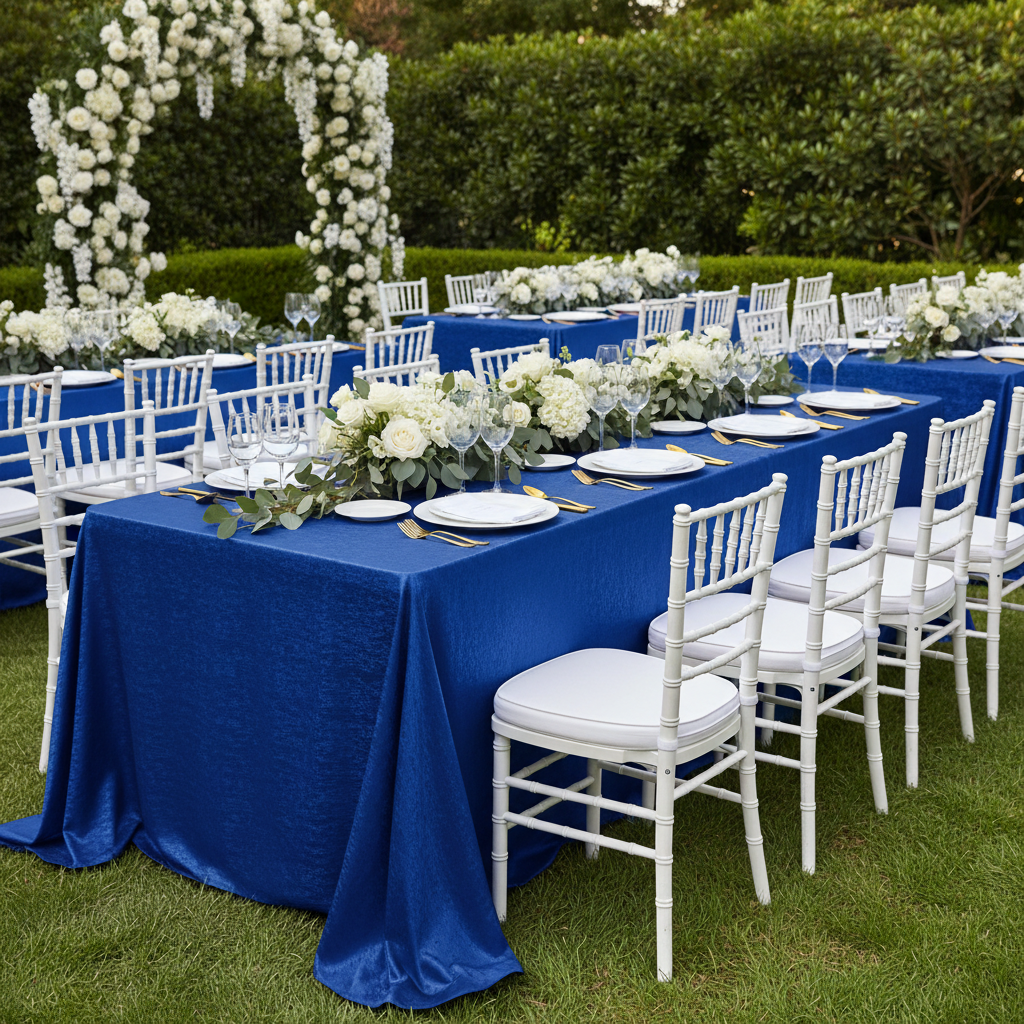 Crinkle Shimmer 90"x156" Rectangular Tablecloth - Royal Blue for outdoor garden wedding table setup