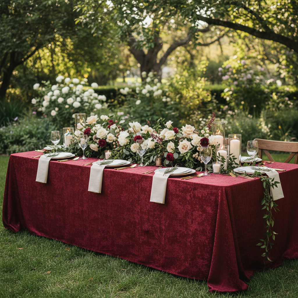 Crinkle Shimmer Rectangular Tablecloth Burgundy - Outdoor Garden Reception