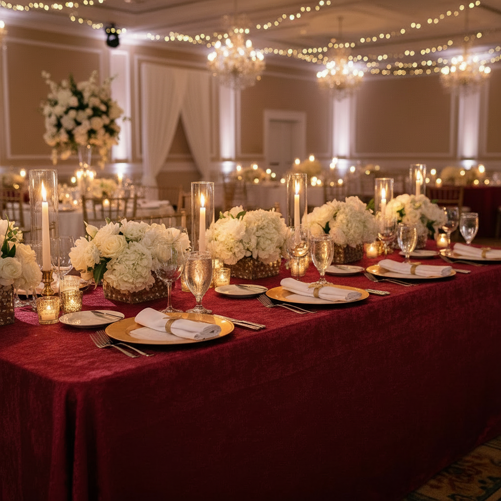 Crinkle Shimmer Rectangular Tablecloth Burgundy - Wedding Reception