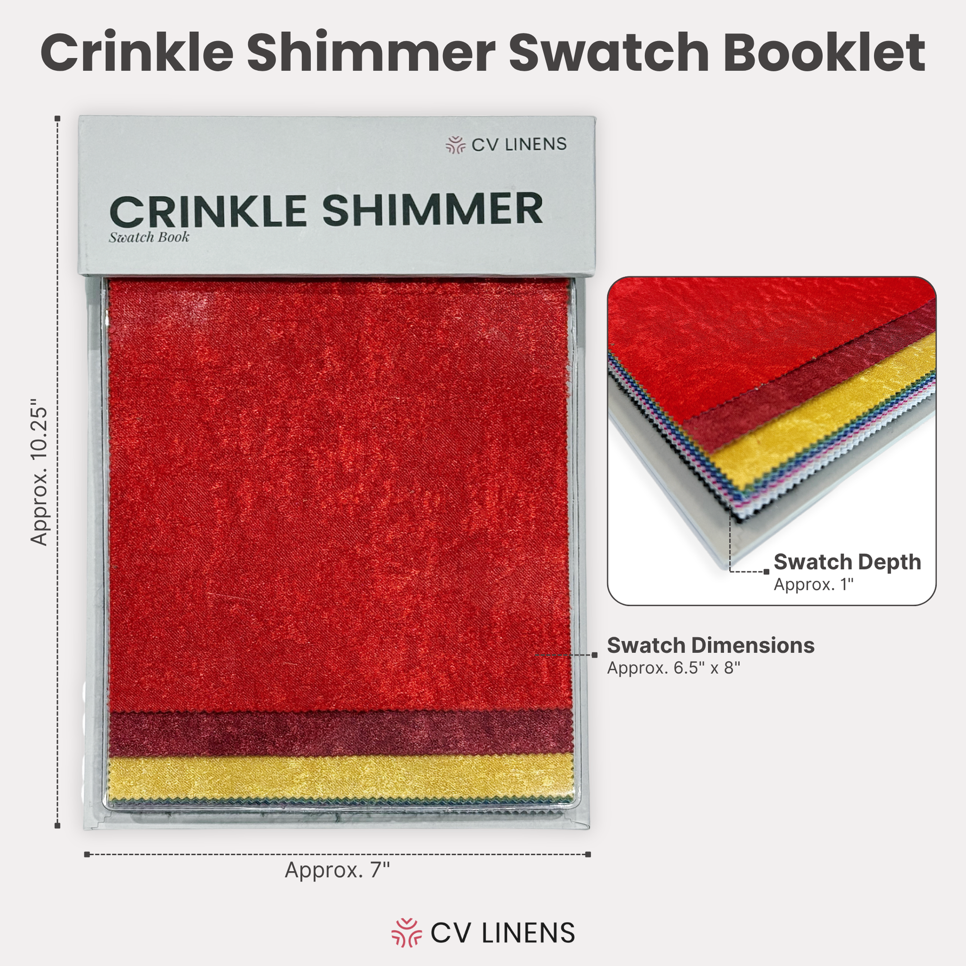 Crinkle Shimmer Swatch Booklet infographic showing product details