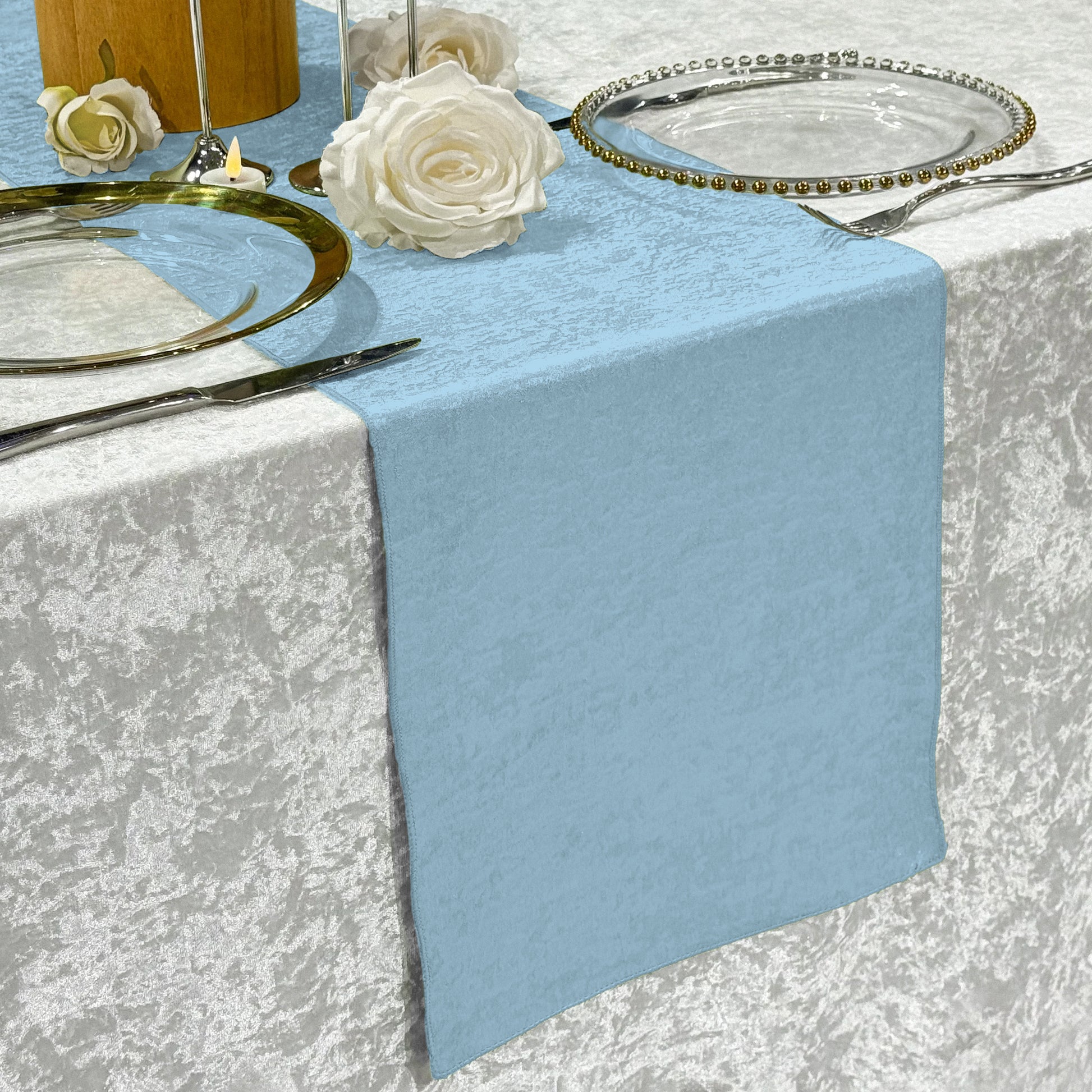 Crinkle Shimmer Table Runner Baby Blue over a silver velvet tablecloth