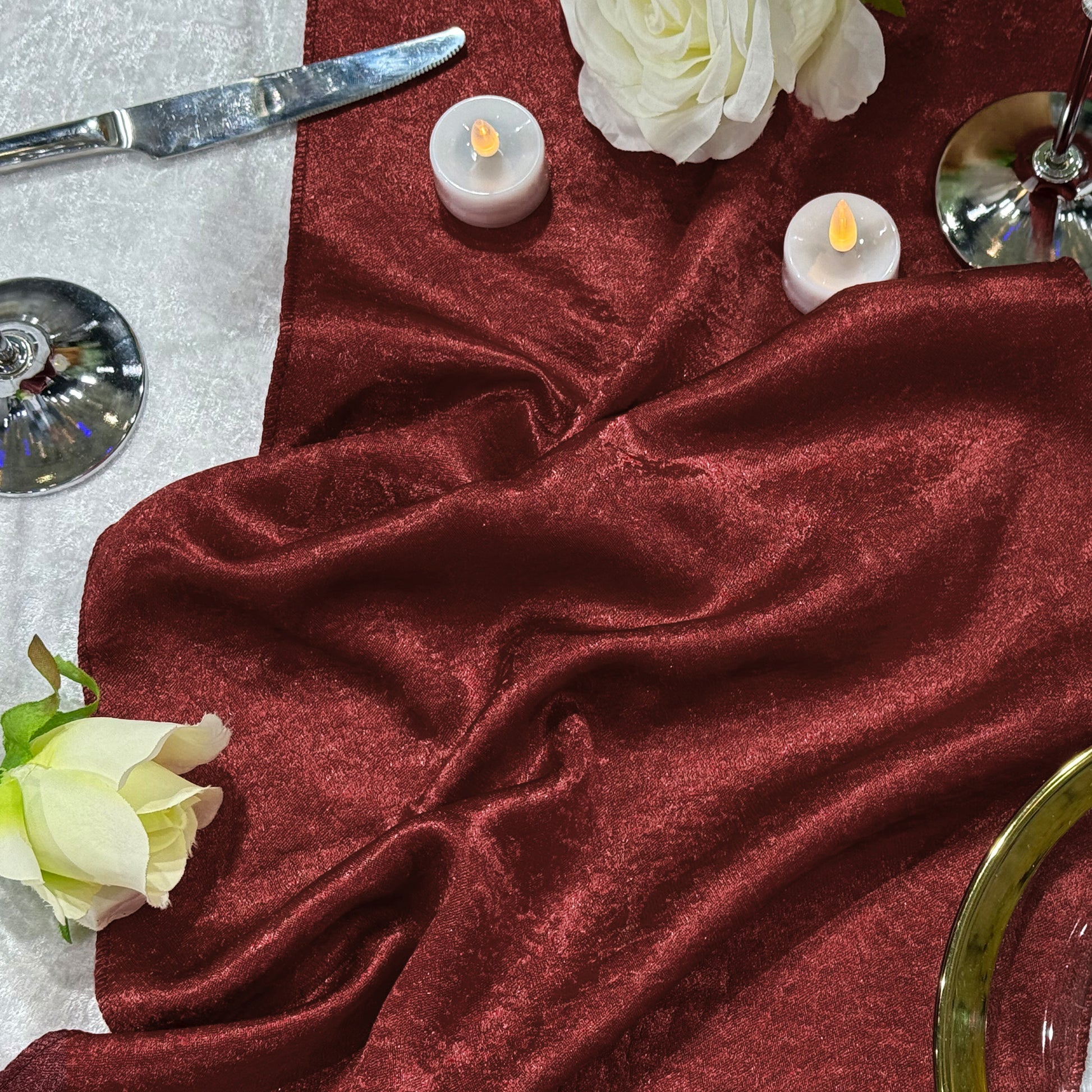Crinkle Shimmer Table Runner Burgundy paired with LED tea lights, florals and silverware