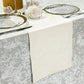 Crinkle Shimmer Table Runner Ivory ontop a velvet silver tablelcoth, white roses, and charger plates.