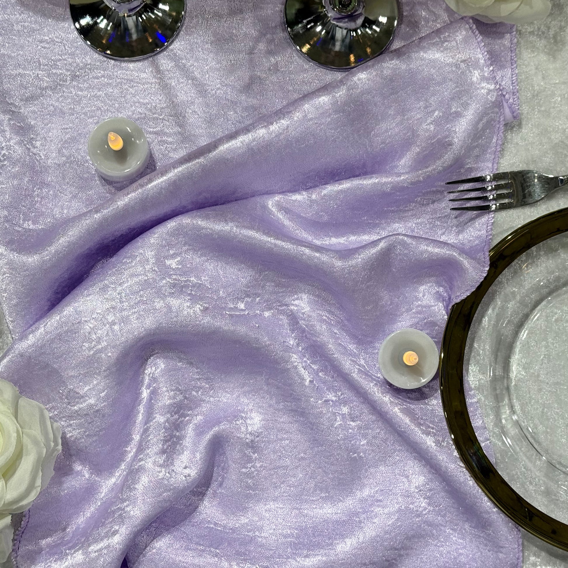 Crinkle Shimmer Table Runner Lavender paired with lLED tea light candles
