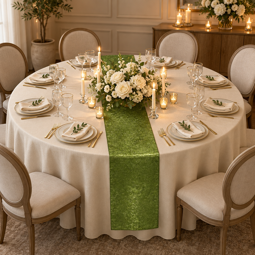 Crinkle Shimmer Table Runner Willow Green on a round anniversary table
