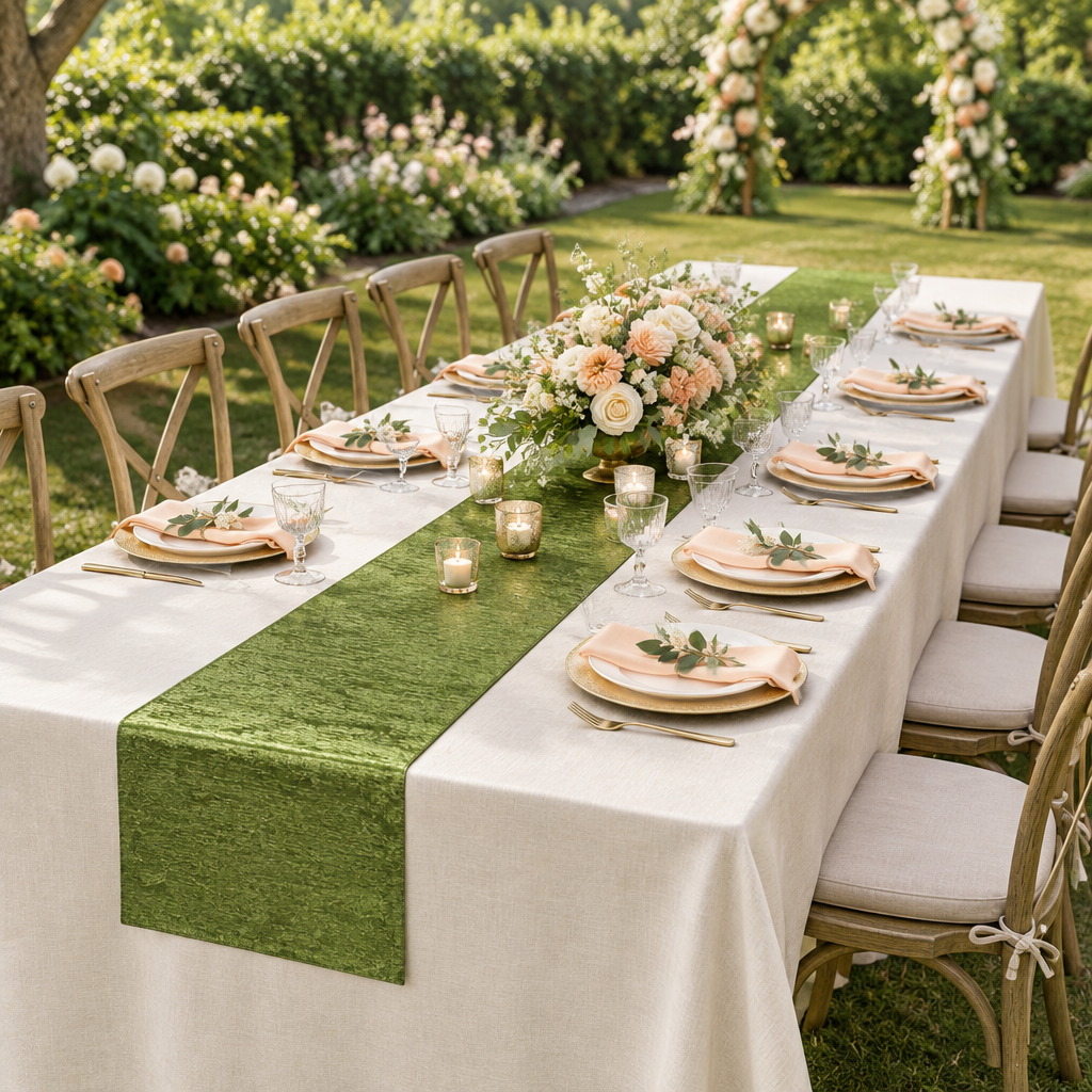 Crinkle Shimmer Table Runner Willow Green at a bridal shower