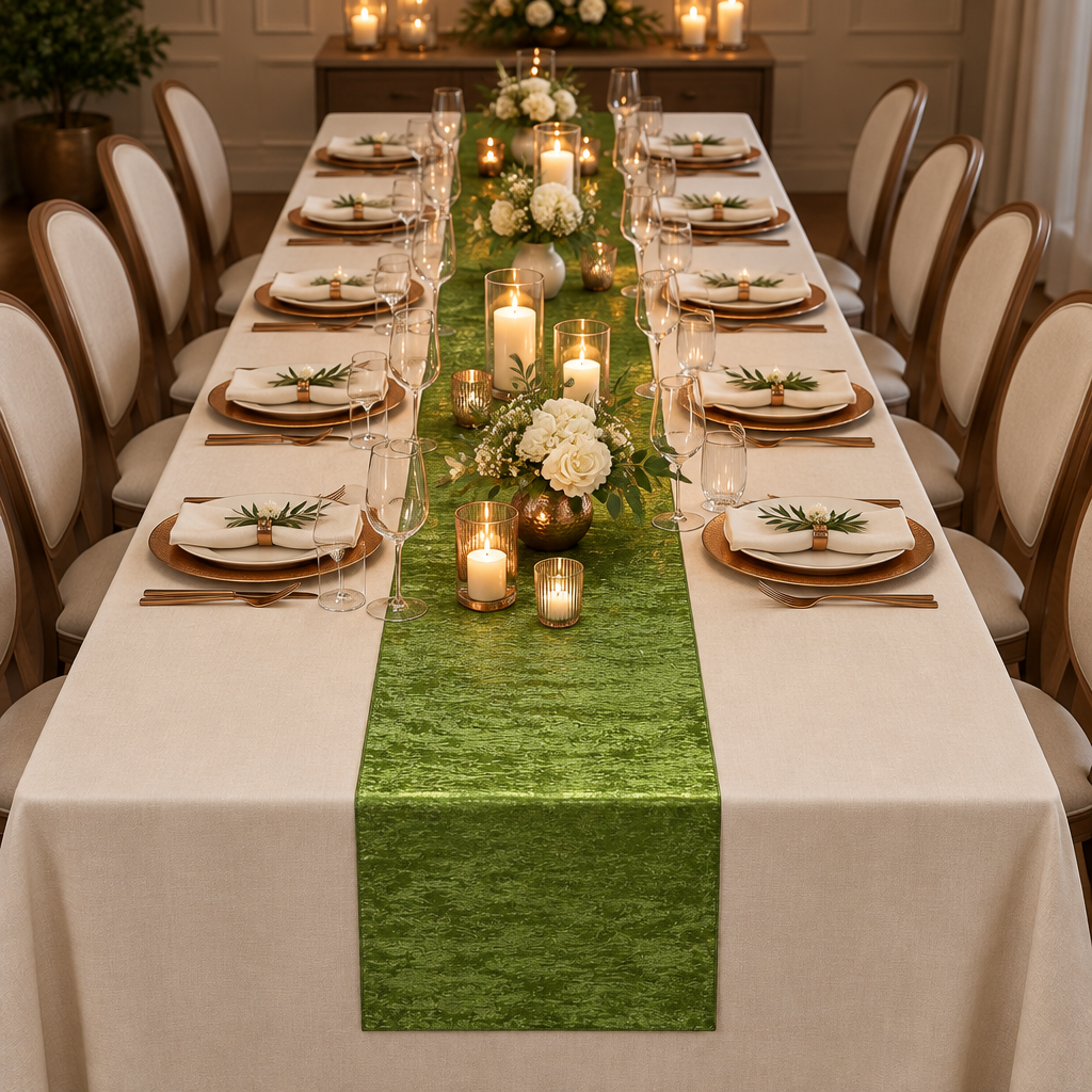 Crinkle Shimmer Table Runner Willow Green at an anniversary dinner