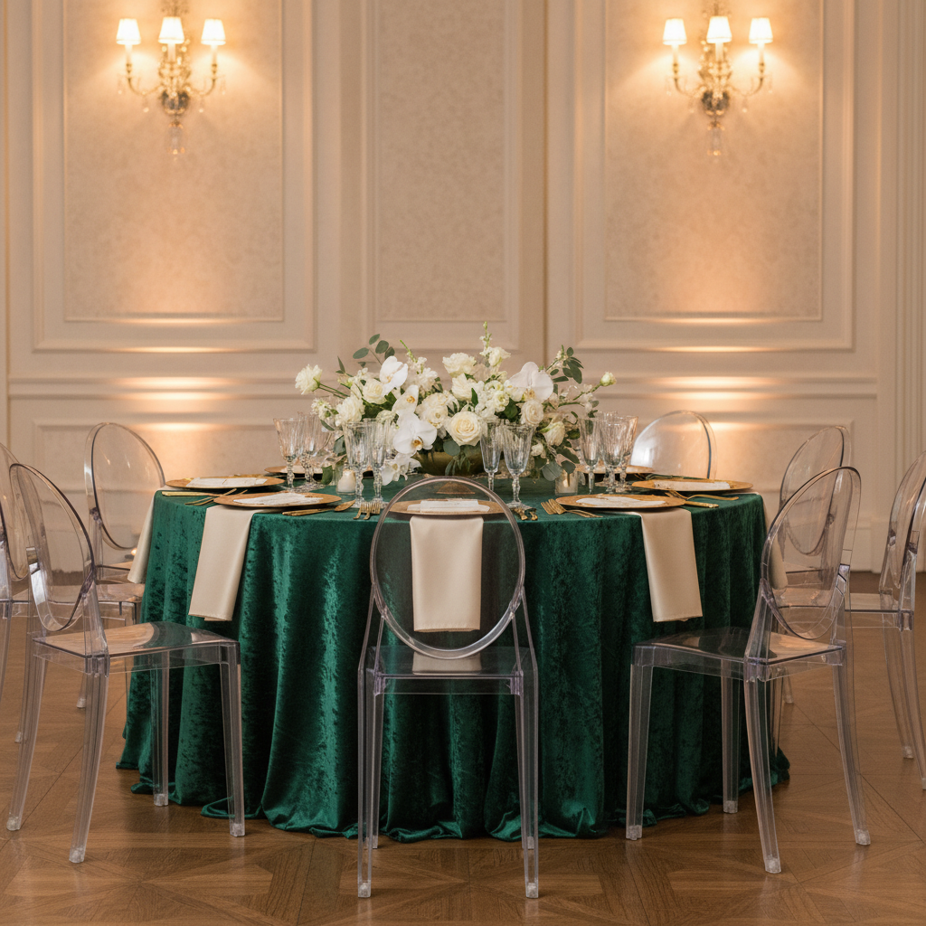 Crinkle Velvet 132" Round Tablecloth - Emerald Green