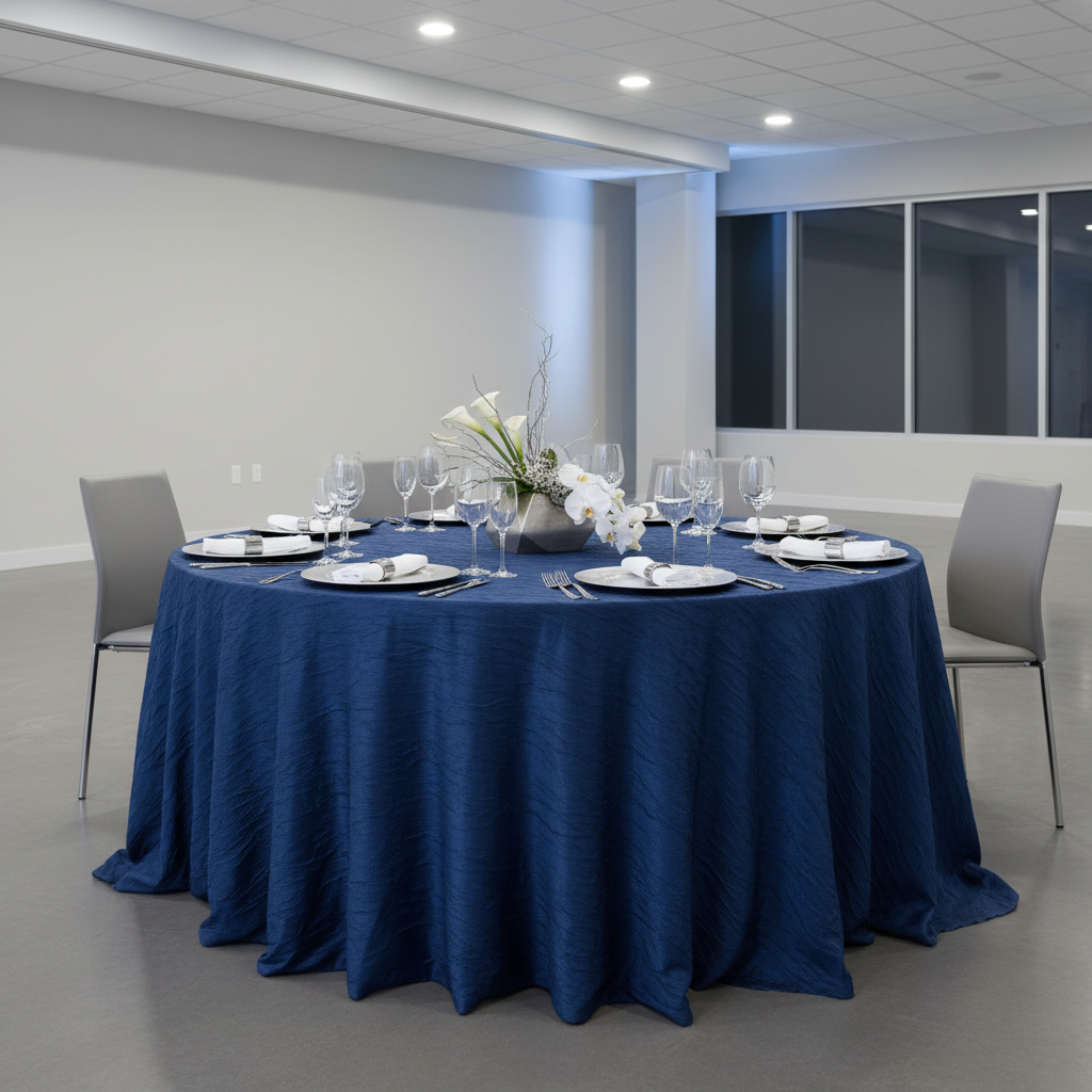 Crinkle Velvet 132" Round Tablecloth - Navy Blue for indoor company dinner