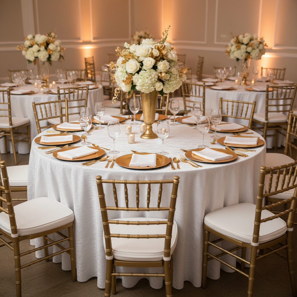 Crinkle Velvet 132" Round Tablecloth - White for a birthday indoor reception