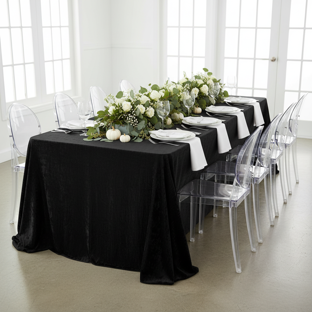 Crinkle Velvet 90"x156" Rectangular Tablecloth Black
