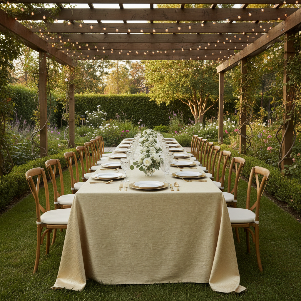 Crinkle Velvet 90"x156" Rectangular Tablecloth - Champagne for an outdoor bridal shower table setup